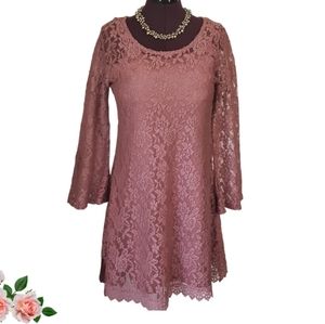 Massini Mauve Slip Dress With Lace & Embroidery Overlay & Scoop Neck Women's Med